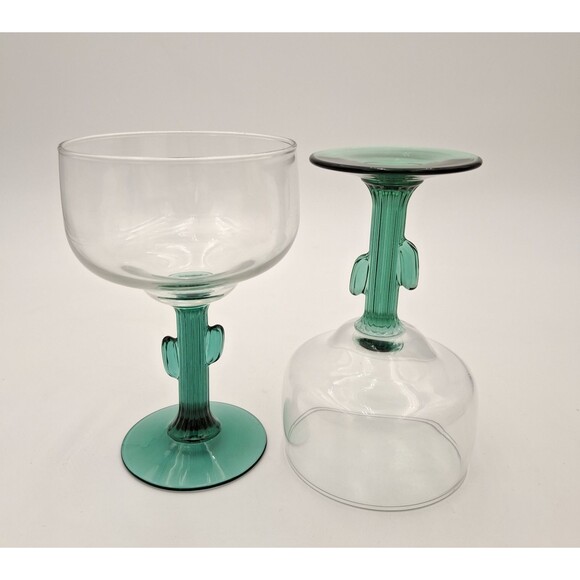 Libbey Margarita Cactus Stem Glasses, Green, Southwestern Fiesta Mixed Set of 2 - Picture 3 of 10